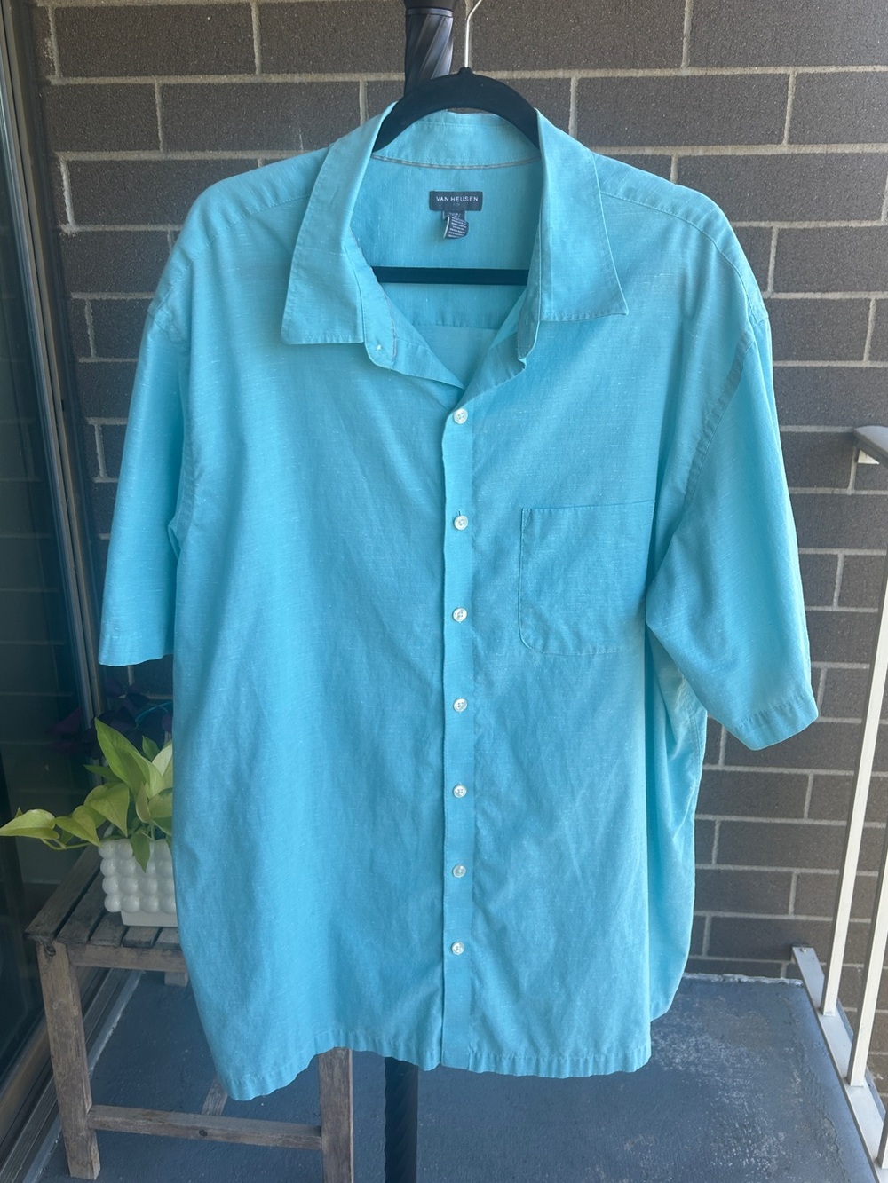 Van Heusen Air Men’s 2XLT Turquoise/Teal Short Sleeve Button Down Shirt 19-19.5